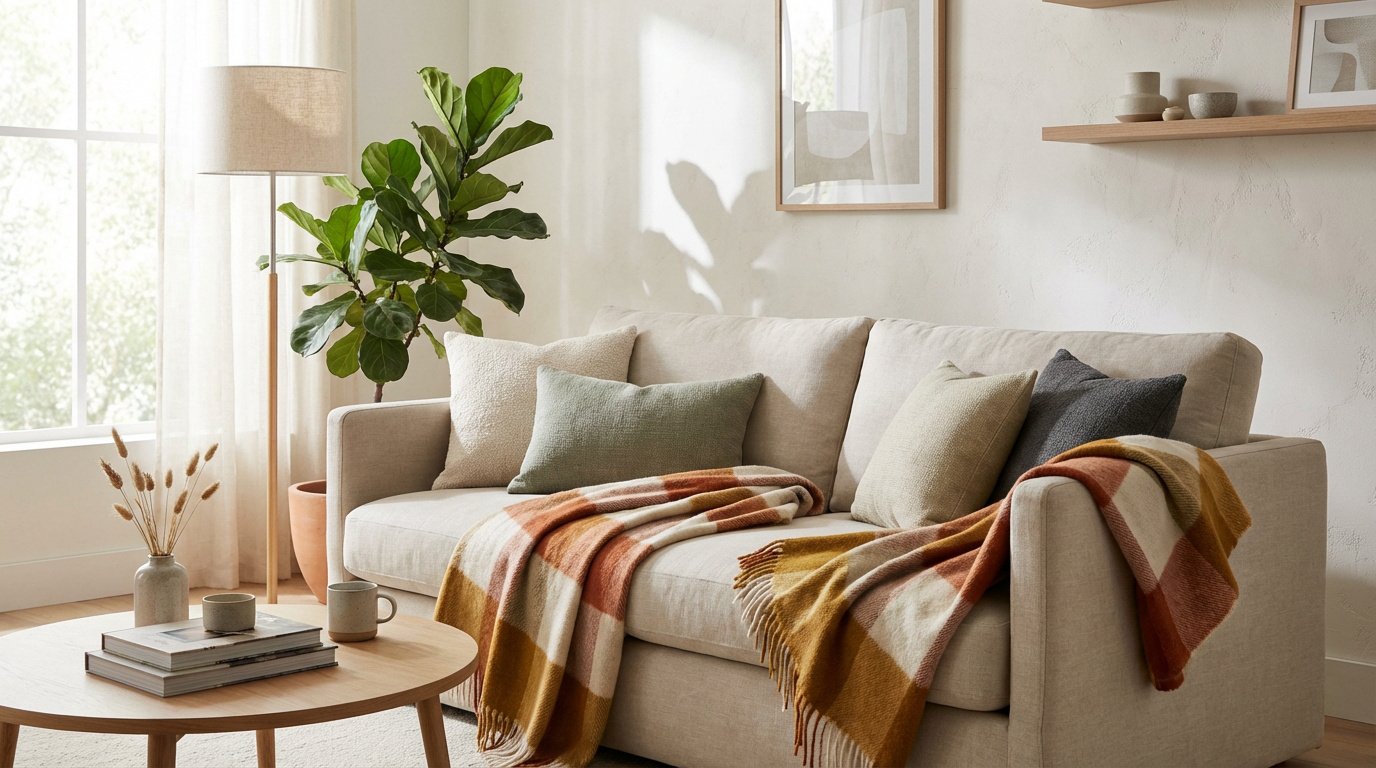 Salon lumineux avec canapé clair, plaid écossais orange et jaune drapé élégamment, coussins et table basse décorative.