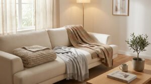 Un salon moderne et lumineux avec un canapé beige décoré de trois plaids texturés. Une table basse en bois, un livre et une plante.