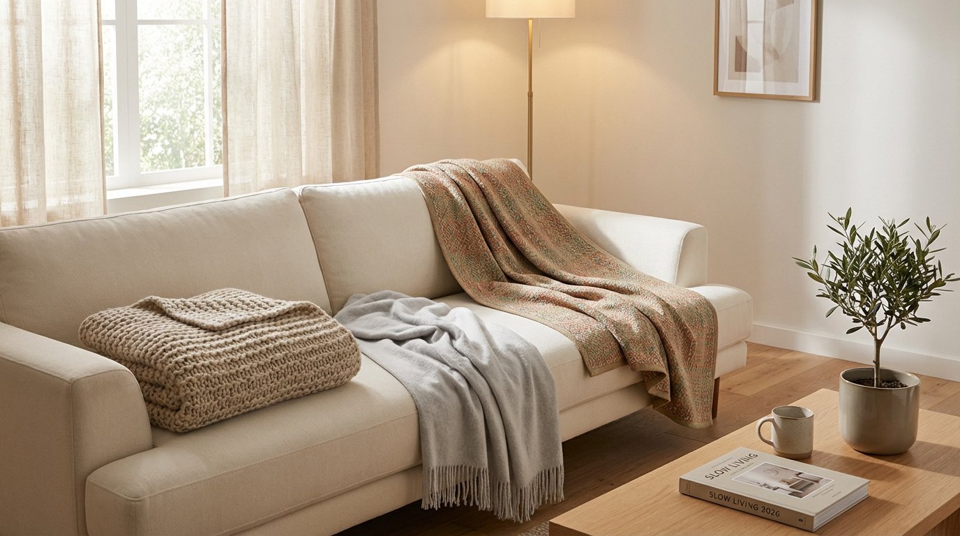 Un salon moderne et lumineux avec un canapé beige décoré de trois plaids texturés. Une table basse en bois, un livre et une plante.