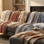 Canapé gris garni de nombreux plaids doux aux textures et couleurs variées dans un salon lumineux et cosy.