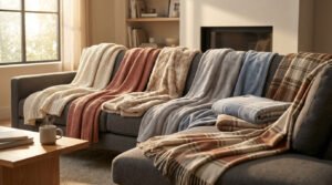 Canapé gris garni de nombreux plaids doux aux textures et couleurs variées dans un salon lumineux et cosy.