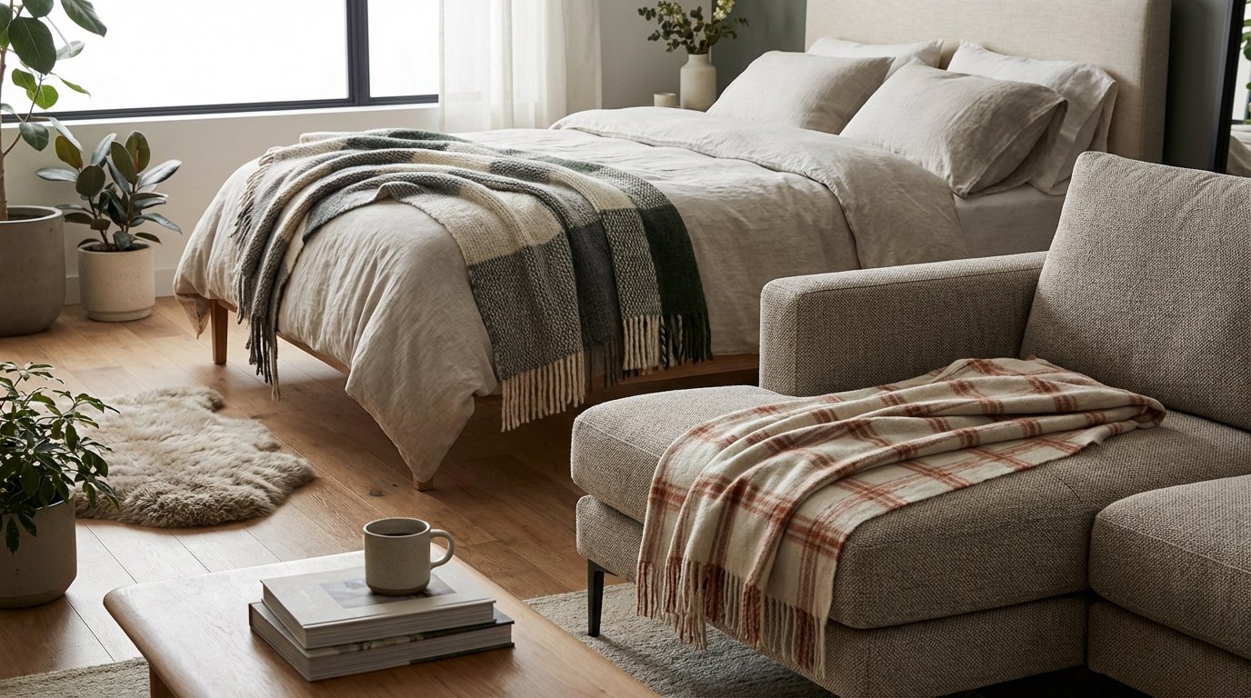 Chambre et salon aménagés avec des plaids confortables sur un lit en lin et un canapé modulable, pour une ambiance cosy.