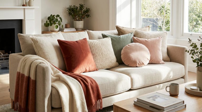 Canapé beige garni de coussins moelleux (velours rouille, vert sauge, rose pâle, tricot crème) et plaid. Salon cosy et lumineux.