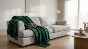 Chat tigré endormi sur un plaid vert à carreaux recouvrant un canapé gris. Décor de salon lumineux et contemporain.