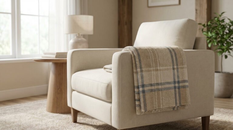 Fauteuil moderne beige avec plaid écossais beige et bleu drapé sur l'accoudoir, dans un salon lumineux. Ambiance chaleureuse.