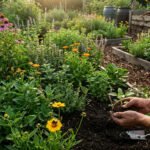 Une personne plante délicatement une jeune pousse dans la terre d'un jardin écologique luxuriant. Fleurs et herbes variées foisonnent.