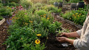 Une personne plante délicatement une jeune pousse dans la terre d'un jardin écologique luxuriant. Fleurs et herbes variées foisonnent.