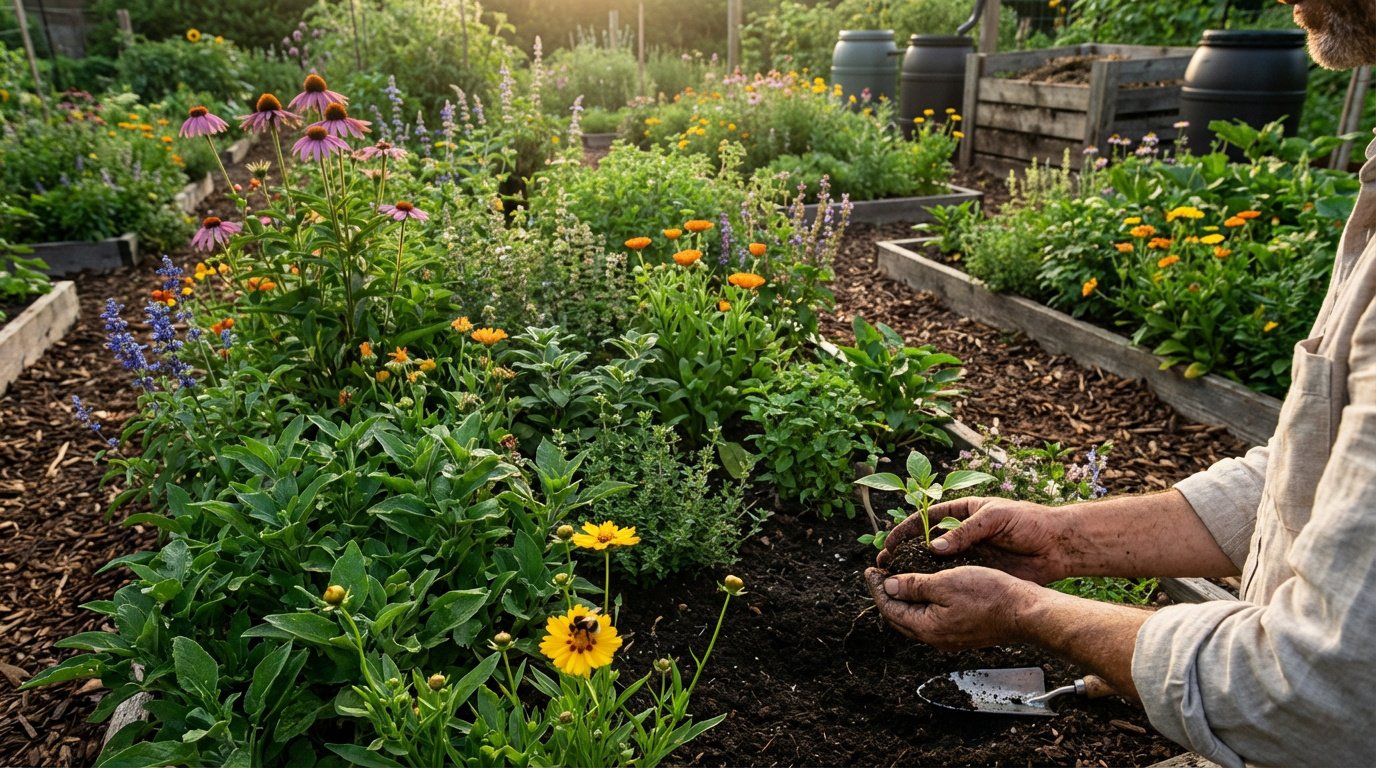 Une personne plante délicatement une jeune pousse dans la terre d'un jardin écologique luxuriant. Fleurs et herbes variées foisonnent.