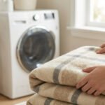 Mains repliant un plaid doux à carreaux beige et crème près d'une machine à laver et d'un étendoir. Ambiance buanderie.