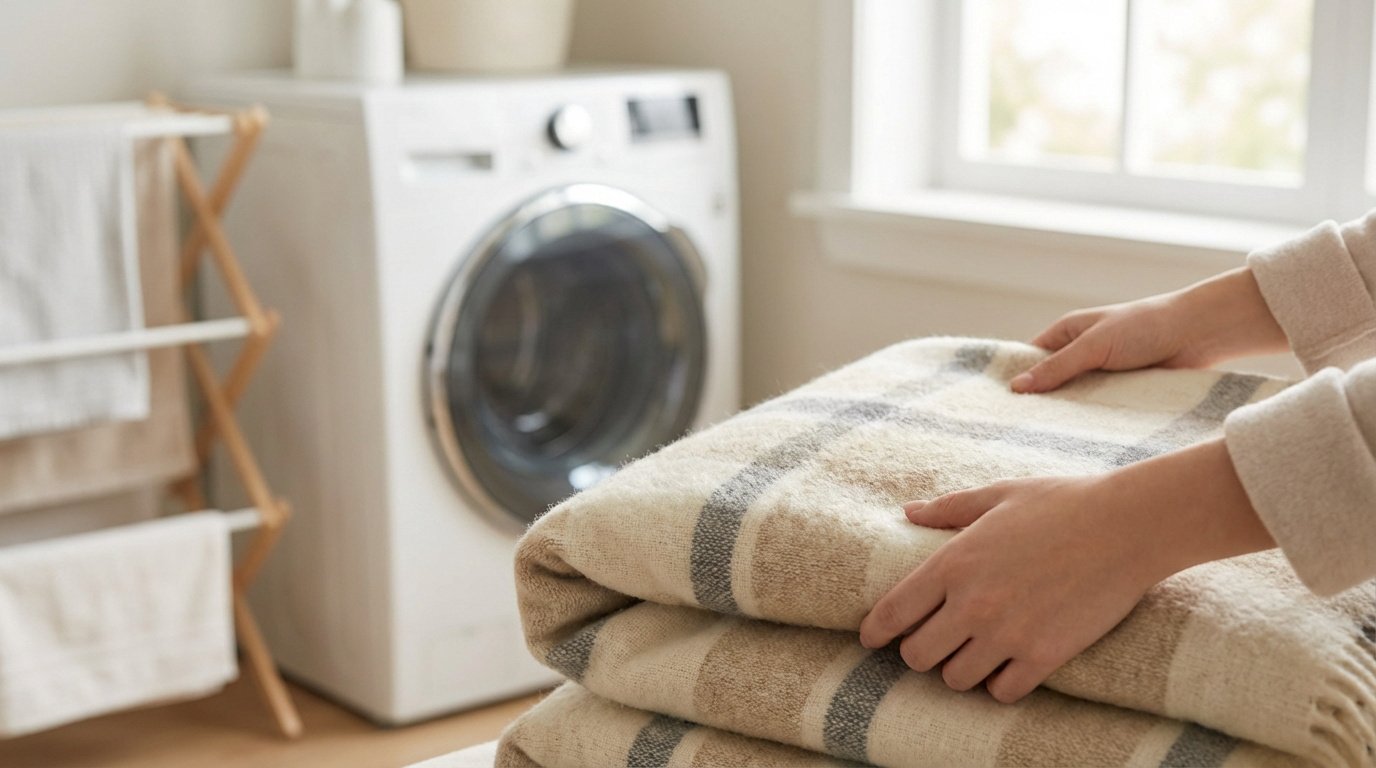 Mains repliant un plaid doux à carreaux beige et crème près d'une machine à laver et d'un étendoir. Ambiance buanderie.
