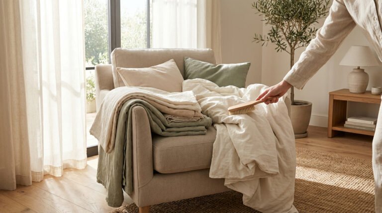 Une main brosse des textiles naturels (lin, coton) sur un fauteuil clair, évoquant un intérieur sain et hypoallergénique. Couleurs douces.