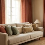 Intérieur chaleureux avec canapé beige garni de coussins terre cuite et verts, rideaux assortis et table basse en bois.