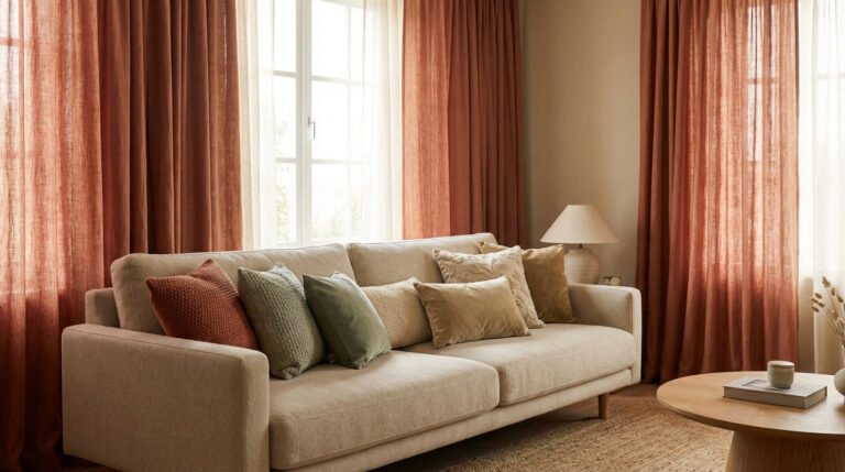 Intérieur chaleureux avec canapé beige garni de coussins terre cuite et verts, rideaux assortis et table basse en bois.