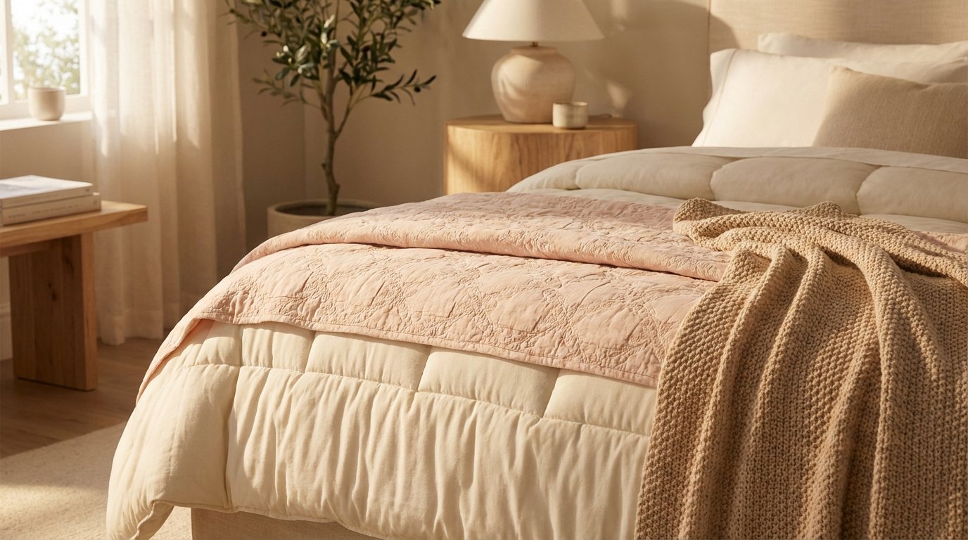 Lit aux draps doux et couettes superposées dans les tons beiges et roses, avec une couverture tricotée. Lumière chaleureuse.