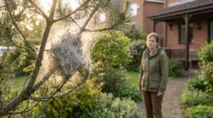 Gros plan sur un nid de chenilles processionnaires blanches et soyeuses sur un pin, baigné de soleil. Une personne floue en arrière-plan.