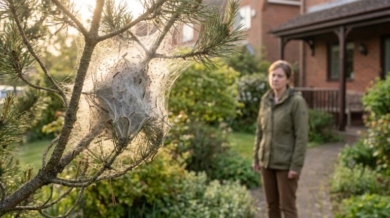 Gros plan sur un nid de chenilles processionnaires blanches et soyeuses sur un pin, baigné de soleil. Une personne floue en arrière-plan.