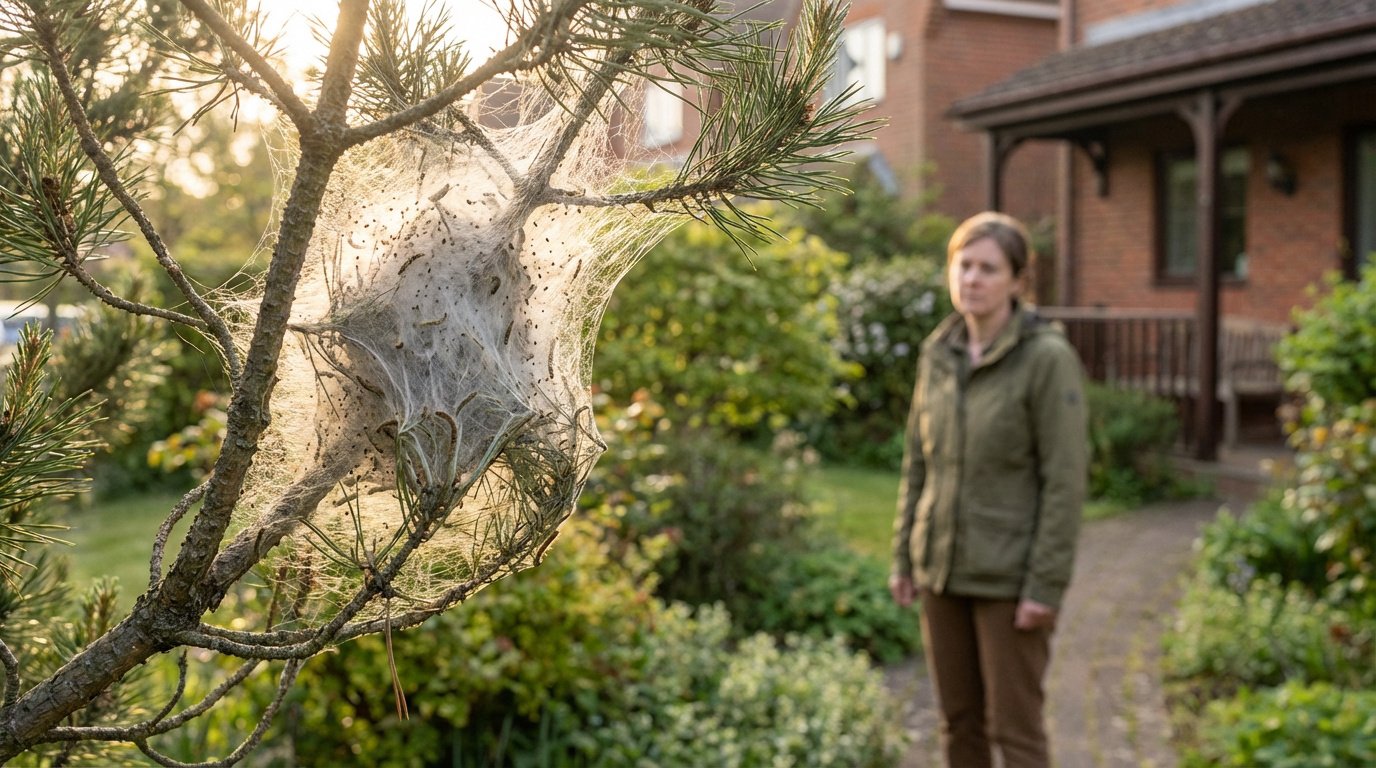 Gros plan sur un nid de chenilles processionnaires blanches et soyeuses sur un pin, baigné de soleil. Une personne floue en arrière-plan.