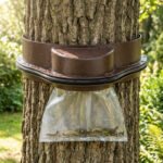 Piège brun pour chenilles fixé sur le tronc d'un arbre, avec un sac transparent contenant des chenilles. Jardin ensoleillé en arrière-plan.
