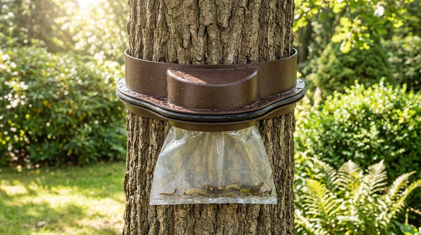 Piège brun pour chenilles fixé sur le tronc d'un arbre, avec un sac transparent contenant des chenilles. Jardin ensoleillé en arrière-plan.