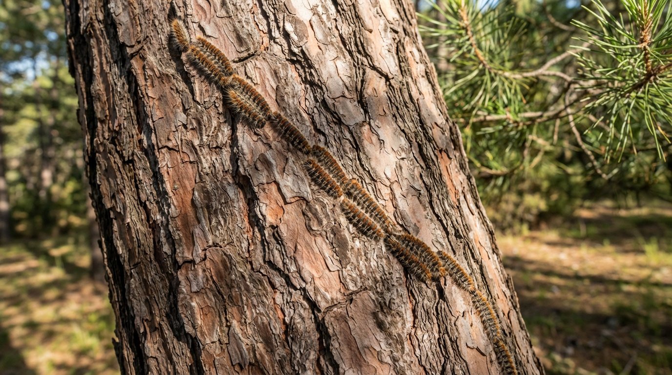 Une longue colonne de chenilles processionnaires velues, de couleur brun-orange, grimpant sur l'écorce rugueuse d'un pin, en forêt.