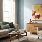 Un salon moderne avec des murs bleu-gris, un canapé beige, un tableau abstrait coloré et des touches de terracotta.