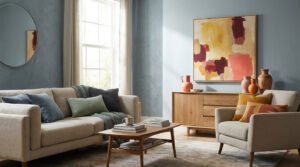 Un salon moderne avec des murs bleu-gris, un canapé beige, un tableau abstrait coloré et des touches de terracotta.