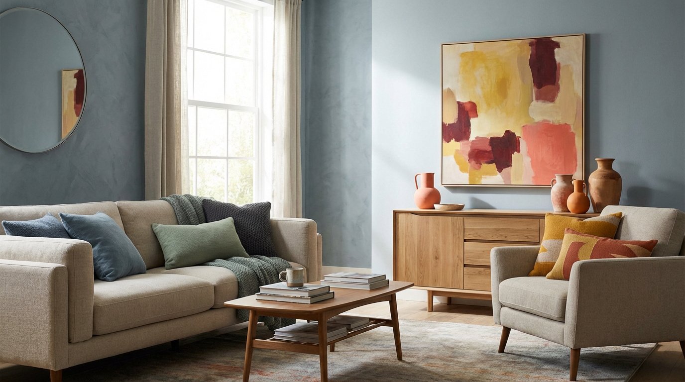 Un salon moderne avec des murs bleu-gris, un canapé beige, un tableau abstrait coloré et des touches de terracotta.