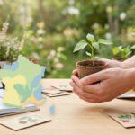 Main tenant une jeune pousse devant un calendrier de semis numérique et une carte de France zonée, avec des sachets de graines sur une table de jardinage.