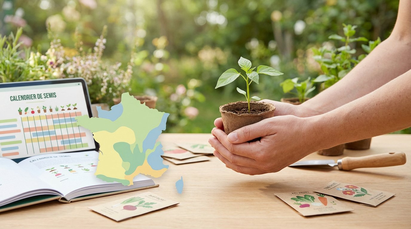 Main tenant une jeune pousse devant un calendrier de semis numérique et une carte de France zonée, avec des sachets de graines sur une table de jardinage.