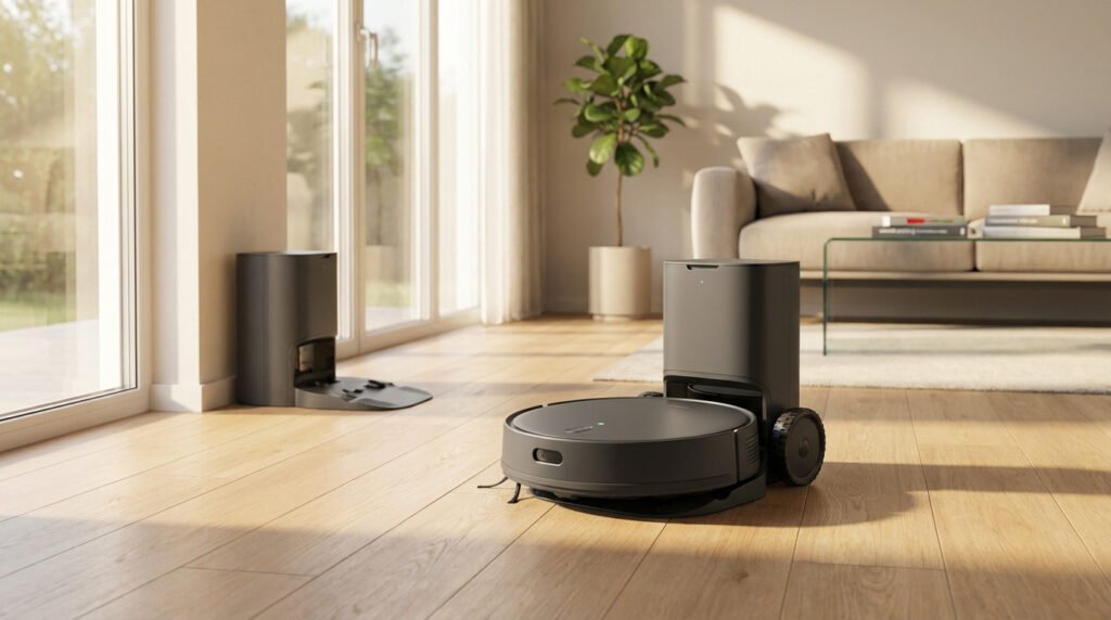 Robot aspirateur laveur gris foncé avec sa station de vidage dans un salon moderne lumineux au parquet clair.