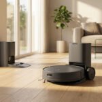 Robot aspirateur laveur gris foncé avec sa station de vidage dans un salon moderne lumineux au parquet clair.