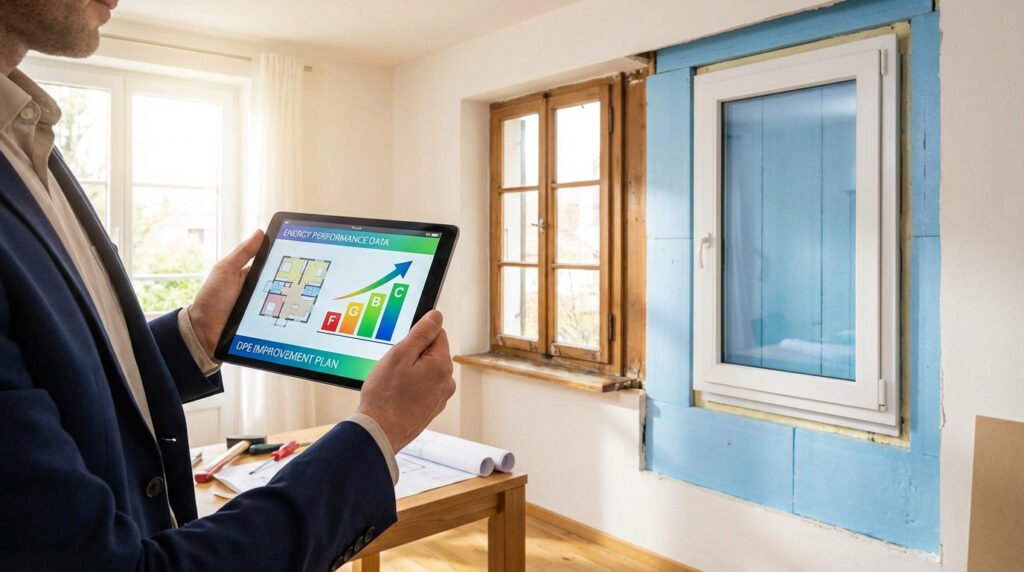 Un professionnel consulte un audit énergétique sur tablette avec un DPE en amélioration, près d'une fenêtre en rénovation.