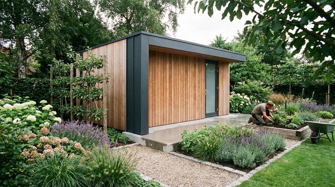 Abri de jardin moderne en bois et gris, jardin paysager luxuriant avec homme jardinant près de plantes et chemin de gravier.