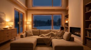 Une femme emmitouflée sur un canapé, admirant un paysage hivernal enneigé depuis un salon moderne et chaleureux avec cheminée.