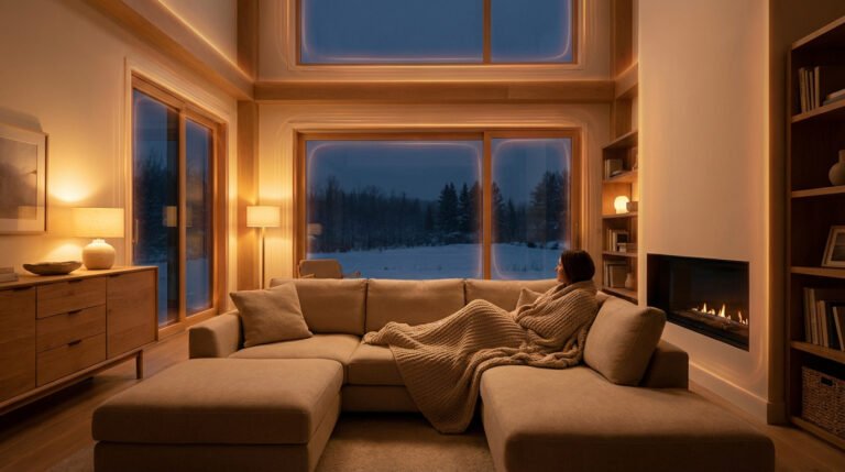 Une femme emmitouflée sur un canapé, admirant un paysage hivernal enneigé depuis un salon moderne et chaleureux avec cheminée.