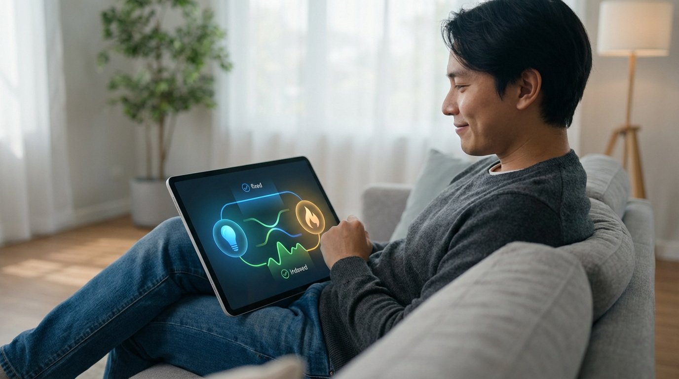 Homme souriant sur un canapé, utilisant une tablette pour comparer et gérer sa consommation d'électricité et de gaz. Icônes d'ampoule et de flamme.