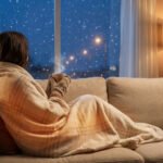 Personne sous un plaid chauffant, buvant une boisson chaude, regardant la neige par la fenêtre, dans un salon cosy.