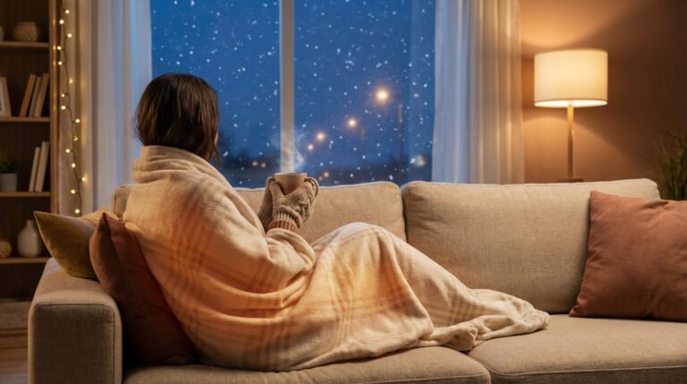 Personne sous un plaid chauffant, buvant une boisson chaude, regardant la neige par la fenêtre, dans un salon cosy.