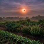 Un jardin luxuriant avec des cultures sous une éclipse solaire annulaire, le ciel brumeux teinté d'orange.