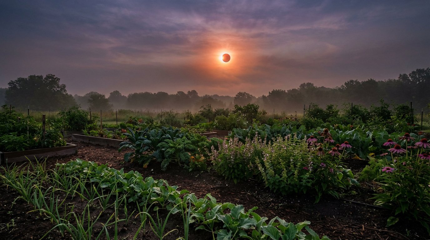 Un jardin luxuriant avec des cultures sous une éclipse solaire annulaire, le ciel brumeux teinté d'orange.