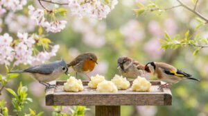 Mésange, rougegorge, moineau et chardonneret élégant mangent de la purée sur une mangeoire, fleurs de cerisier en fond.