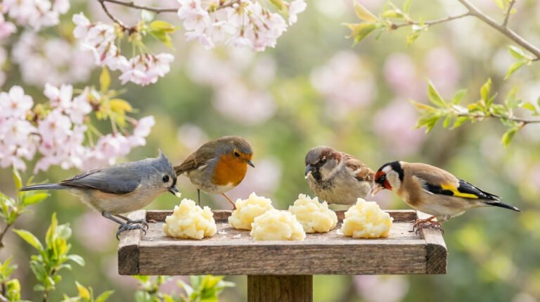 Mésange, rougegorge, moineau et chardonneret élégant mangent de la purée sur une mangeoire, fleurs de cerisier en fond.