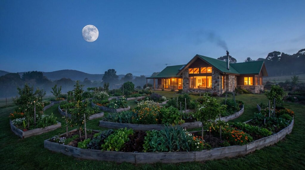 Maison en pierre avec grand jardin en permaculture en spirale sous une pleine lune dans un paysage vallonné.