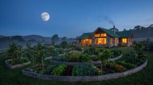 Maison en pierre avec grand jardin en permaculture en spirale sous une pleine lune dans un paysage vallonné.