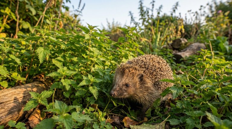 Un hérisson marche à travers un champ d'orties vertes baigné de lumière dorée, le museau au sol, explorant son environnement.