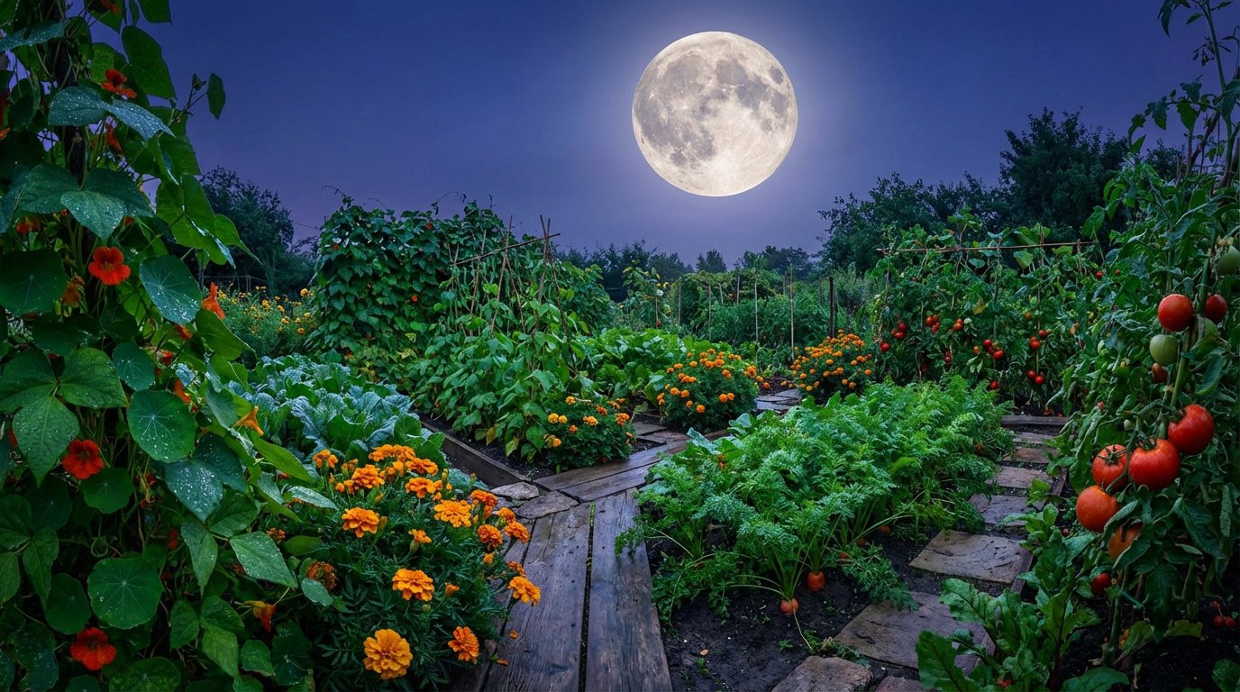 Jardin potager luxuriant de nuit sous une pleine lune éclatante. On y voit tomates, carottes, choux, capucines et soucis le long de chemins en bois.