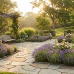 Jardin fleuri avec patio en dalles, massifs de lavande, roses, hortensias, pergola et banc. Une personne jardine au loin.