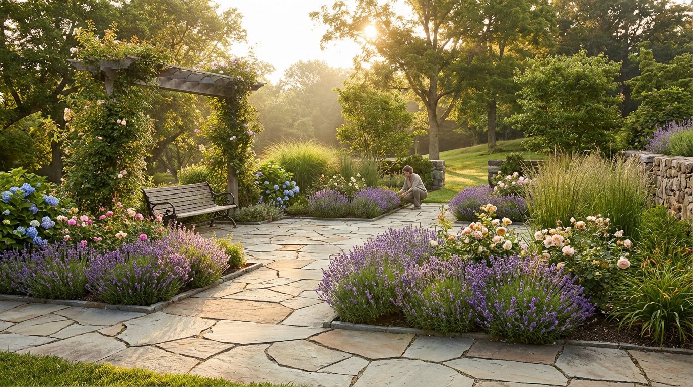 Jardin fleuri avec patio en dalles, massifs de lavande, roses, hortensias, pergola et banc. Une personne jardine au loin.