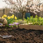 Mains gantées semant des graines dans un potager printanier. Sol frais, jeunes pousses et fleurs colorées sous un arbre en fleurs.