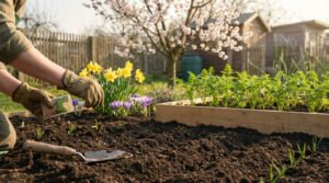 Mains gantées semant des graines dans un potager printanier. Sol frais, jeunes pousses et fleurs colorées sous un arbre en fleurs.